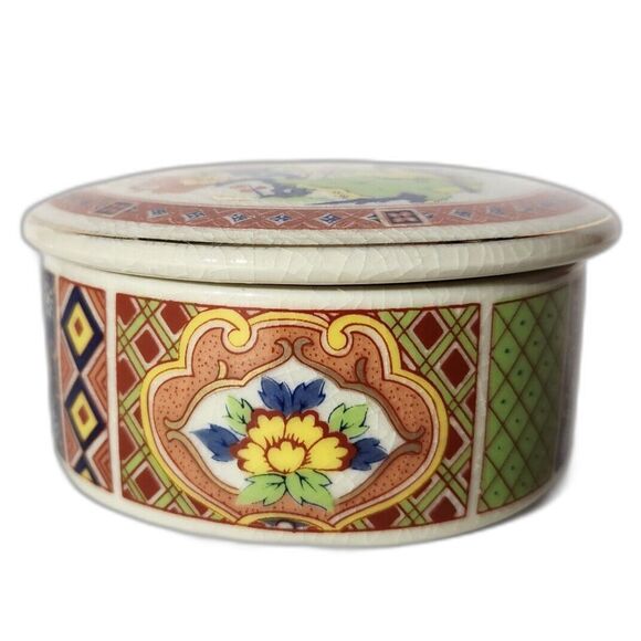 Imari Style Floral Lidded Jar Jewelry Trinket Powder Box Porcelain Colorful - Picture 3 of 11